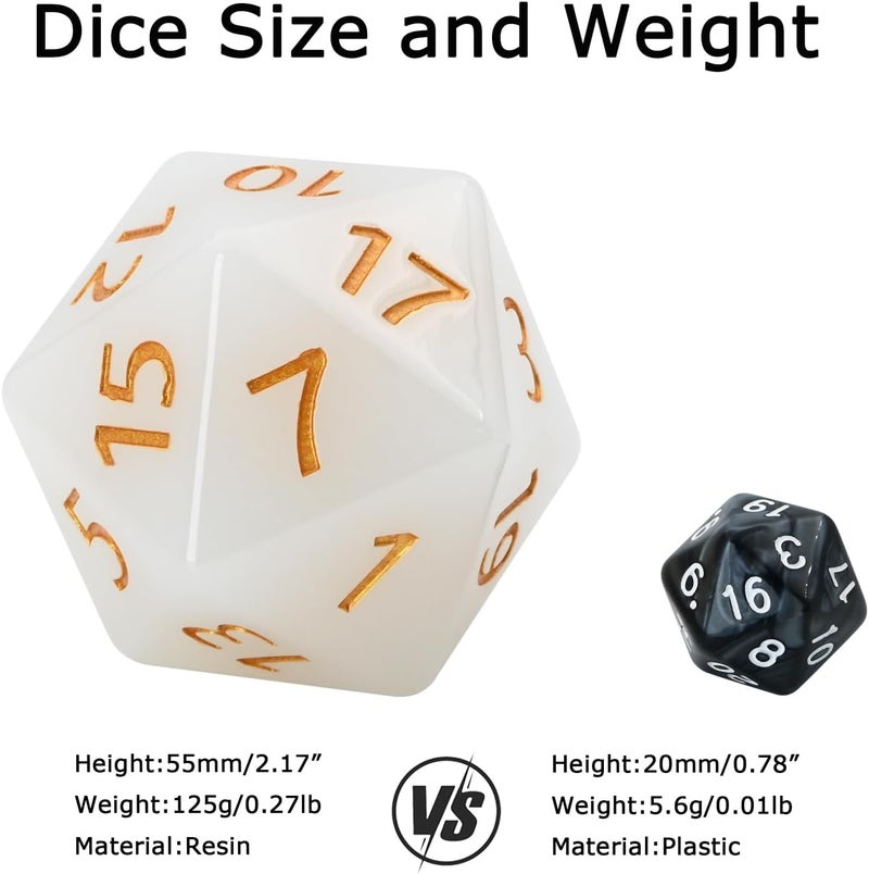 CSITORWWE 55mm Giant D20 Dice,20 Sided Resin Dice with Velvet Pouch, Titan Polyhedral Dice for TTRPG Tabletop Gaming,Dungeon Masters,RPG Adventures(Translucent White) - Image 4